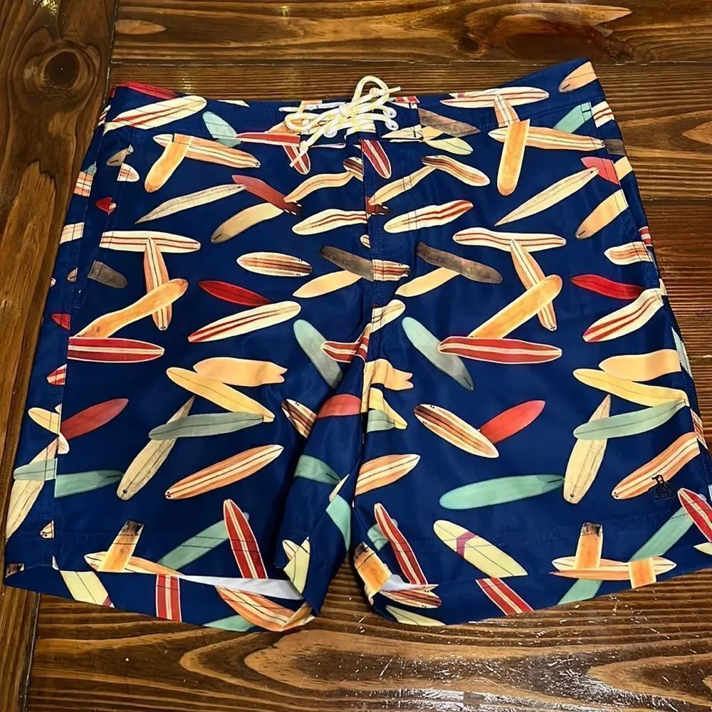 NWOT Penguin Mens Swimwear, Surfboard Print, Size 30